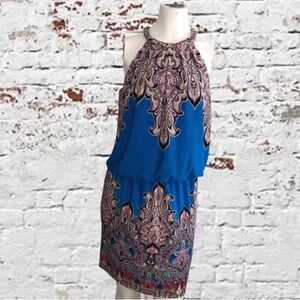 Maggy L Blue Orange Black Fuchsia Sleeveless Boho Mini Dress, Size 8.